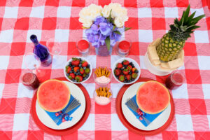 red, white and blue picnic on a red gingham blanket