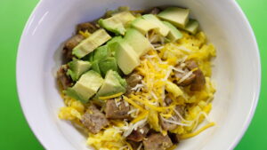 breakfast scramble with sausage and avocado