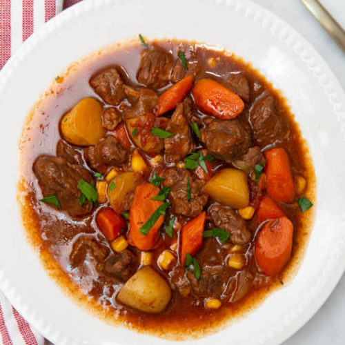 beef stew in a white bowl vertical