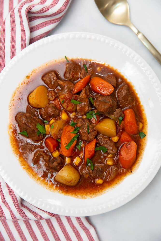 beef stew in a white bowl vertical