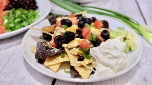 chicken nachos with lots of toppings on white plate