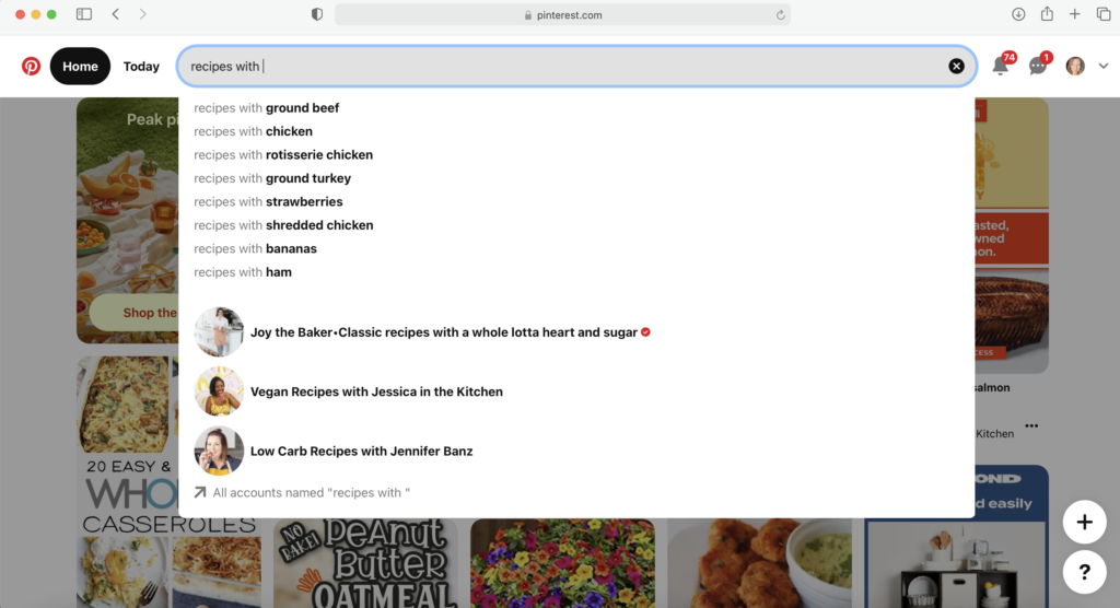 search for recipes on Pinterest