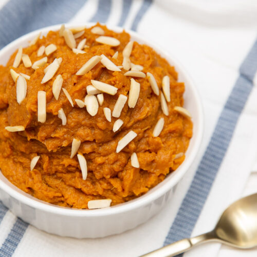 mashed sweet potatoes in a white bowl