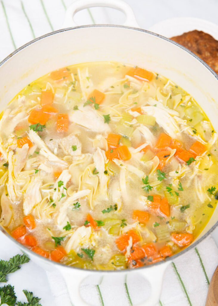 chicken noodle soup in a white bowl