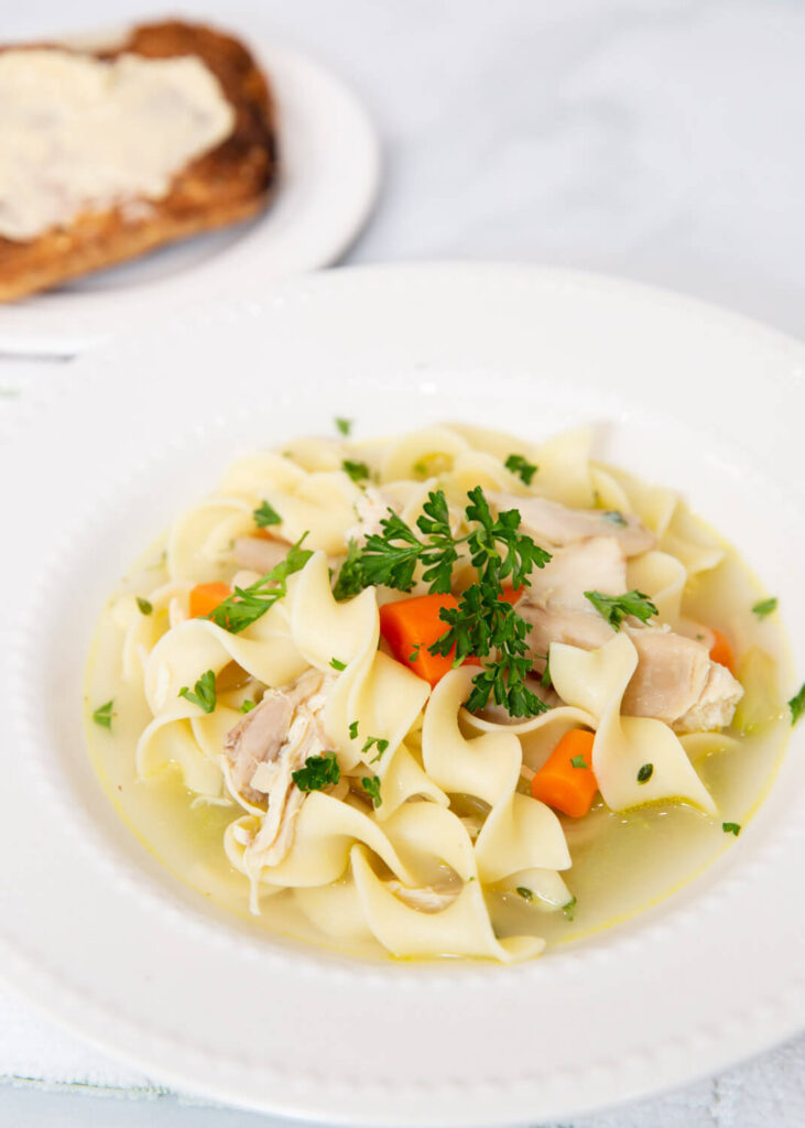 chicken noodle soup in a white bowl