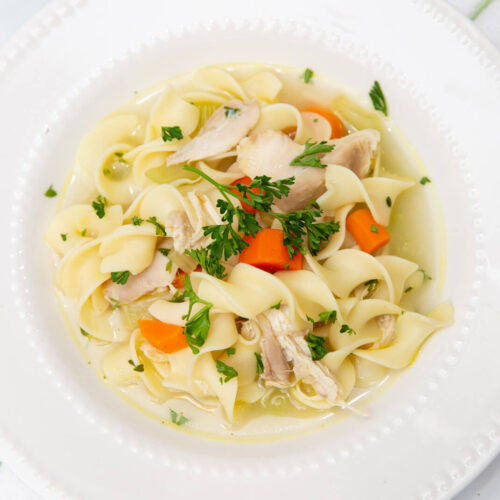 chicken noodle soup in a white bowl