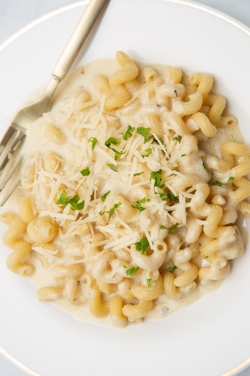 photo of vegan alfredo sauce over pasta on a white plate